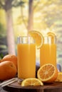 Two glasses of orange juice with summer rural background Royalty Free Stock Photo