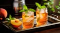 Two glasses of peach iced tea with mint leaves on wooden table. Generative AI Royalty Free Stock Photo