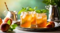 Two glasses of peach iced tea with mint leaves on wooden table. Generative AI Royalty Free Stock Photo