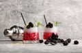 Two glasses with red coctail and ice, blackberries and green leaves of mint, metallic shaker on a grey light background.