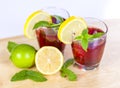 Two glasses of red fruit juice with lemon and lime Royalty Free Stock Photo