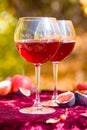Two glasses of red wine on an autumn picnic. Fruits, sweets, nuts