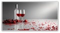 Two glasses with red wine on a background of a bottle and red berries, gray background, copy space, frame. Royalty Free Stock Photo