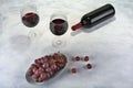 Two glasses of red wine with bottle and grapes. Royalty Free Stock Photo