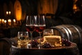 Two glasses of red wine with a bottle on a wooden barrel Royalty Free Stock Photo