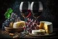 Two glasses of red wine, brie cheese and honey sealed in the oven and fresh grapes black background