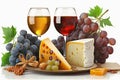 Two glasses of red wine, brie cheese and honey sealed in the oven and fresh grapes, white background