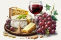 Two glasses of red wine, brie cheese and honey sealed in the oven and fresh grapes, white background