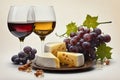 Two glasses of red wine, Brie cheese and honey sealed in the oven and fresh grapes white background