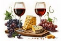 Two glasses of red wine, Brie cheese and honey sealed in the oven and fresh grapes white background