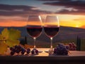 Two glasses of red wine and a bunch of apes on vineyard at sunset Royalty Free Stock Photo