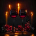 Two glasses of red wine, candles and roses on the table Royalty Free Stock Photo