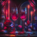 Two glasses of red wine, candles and roses on the table Royalty Free Stock Photo