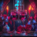 Two glasses of red wine, candles and roses on the table Royalty Free Stock Photo