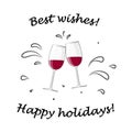 Two glasses with red wine cheers and best wishes text isolated on the white background vector illustration Royalty Free Stock Photo