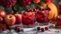 Two glasses of red wine with cherries and apples on a marble table, AI Royalty Free Stock Photo