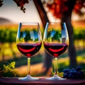 Two glasses with red wine in front of a vinegard at sunset, Moselle Valley, italian Tuscany or France Royalty Free Stock Photo