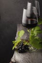 Two glasses of red wine, grapes and grape leaves on an old wooden table Royalty Free Stock Photo