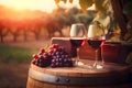 Two glasses of red wine with grapes and wooden barrel in a vineyard, Generative AI 1 Royalty Free Stock Photo