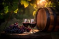 Two glasses of red wine with grapes and wooden barrel in a vineyard, Generative AI Royalty Free Stock Photo