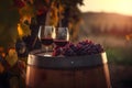 Two glasses of red wine with grapes on a wooden barrel in a vineyard, Generative AI 1 Royalty Free Stock Photo