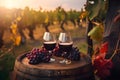 Two glasses of red wine with grapes on a wooden barrel in a vineyard, Generative AI Royalty Free Stock Photo