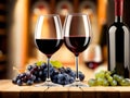 Two glasses of wine and grapes on a table with a bottle - Made with artificial intelligence (AI) Royalty Free Stock Photo