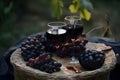 Two glasses of red wine with grapes on a wooden table in a vineyard, Generative AI Royalty Free Stock Photo