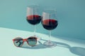 two glasses of red wine and a half - filled glass of red wine on a blue surface with a shadow of a person on the glass