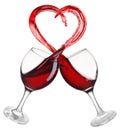 two glasses of red wine with heart shape splash isolated on white Royalty Free Stock Photo