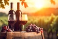 Two glasses of red wine ripe grapes and bottle on table in vineyard. Generative AI Royalty Free Stock Photo