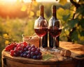 Two glasses of red wine with ripe grapes are on a table in a vineyard. Royalty Free Stock Photo