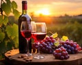 Two glasses of red wine with ripe grapes are on a table in a vineyard. Royalty Free Stock Photo