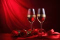 two glasses of red wine and a rose two glasses of champagne and red rose champagne and red rose Royalty Free Stock Photo