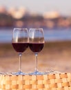 Two glasses of red wine at sunset Royalty Free Stock Photo