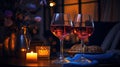 Two glasses of red wine on a table in a restaurant with candles Royalty Free Stock Photo