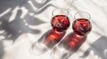 Two glasses of red wine on white tabletop. Direct sunlight from the window with strong shadows. Top view, copy space Royalty Free Stock Photo