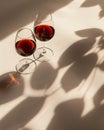 Two glasses of red wine on white tabletop. Direct sunlight from the window with strong shadows. Top view, copy space Royalty Free Stock Photo