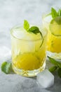 Two glasses of refreshing drinks with ice cubes, juice and lime fruit, party cocktail Royalty Free Stock Photo