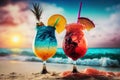 Two glasses with refreshing fruity cocktails. Ai generated