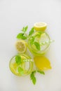 Two glasses of refreshing non alcoholic mojito drink with lemon slices, mint leaves and ice. Studio shot of iced lemonade isolated Royalty Free Stock Photo