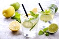 Two glasses of refreshing non alcoholic mojito lemonade drink with organic lemon, lime slices, mint leaves, straw, ice cubes on gr