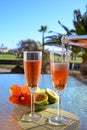 Two glasses of rose bubbles champagne or cava wine served outside on paradise island with palms and green grass