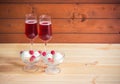 Two glasses of rose champagne and two bowls of sundae ice cream with fresh raspberry Royalty Free Stock Photo