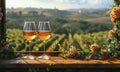 Two glasses of rose wine in front of vineyard panorama in Tuscany Italy Royalty Free Stock Photo