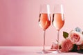 Two glasses of rose wine and roses on pink background, Valentine\'s day celebration, ai generated Royalty Free Stock Photo