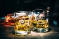 Two glasses of scotch whiskey or cognac with ice cubes and bottle of alcohol liquor on dark wooden background Royalty Free Stock Photo