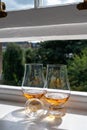 Two glasses of single malt scotch whisky served on old window sill in Scottisch house with view on old part of Edinburgh, Scotland Royalty Free Stock Photo