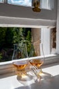 Two glasses of single malt scotch whisky served on old window sill in Scottisch house with view on old part of Edinburgh, Scotland Royalty Free Stock Photo