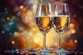 Two glasses of sparkling champagne against bright background with bokeh. Generated by AI Royalty Free Stock Photo